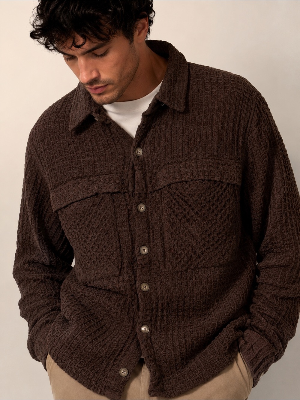 NWT Amongst Friends Waffle Knit Button-Up Shacket Jacket Chocolate Brown size S